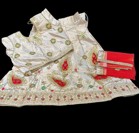 Beige & Red Colour Silk Based Embroidered Lehnga With Contrast Netting Dupatta