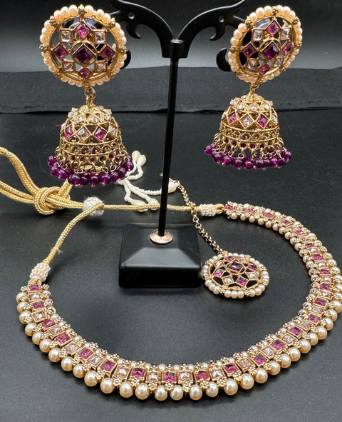 Kundan And Pearls Work Beautiful Necklace Set With Jhumka & Tikka