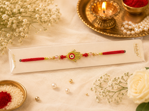 Evil eye Elegant handcrafted Rakhi with premium beads and sparkling stonework, beautifully crafted to celebrate the special bond of love and protection.