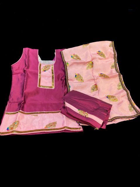 Purple with baby pink silk based kids Punjabi suit