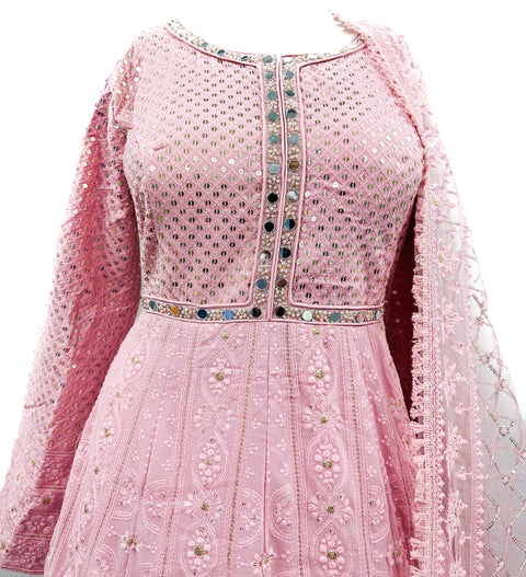 Chiffon based lakhnavi embroidery work with sequins and mirror work design on neck, heavy flared long kameez with heavy embroidery work netting dupatta