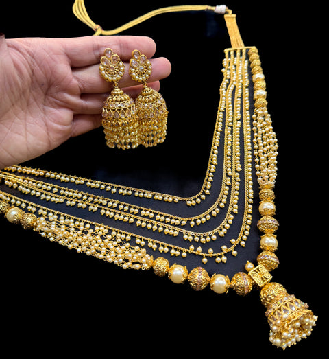 Original polki stone antique gold traditional long necklace set with pearls and kundan work jhumka