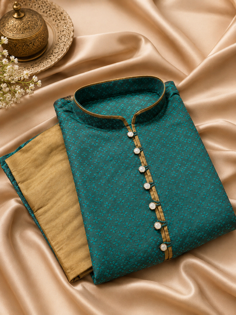 Green colour cotton silk design designer kurta with pajama pants (slight variation in color and design is possible )