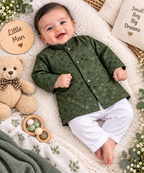 Soft Rayon chikankri sequin based Newborn Kurta Pajama Set with soft inner lining, easy front-open kurta & matching elasticated pajama for comfortable wear.Kurta L 35 cm,Chest 25 cm,Sleeve24 cm,Pajama L 33 cm.Slight variation in colour & design may occur