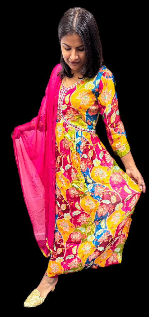 Pure chinnon georgette based Printed with embroidery work & Mirror work designer Kurti with Plazo Pants & beautiful Dupatta