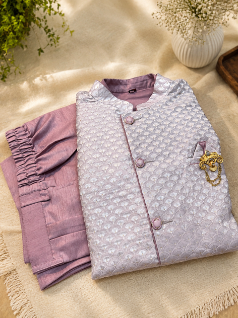 Brocade Silk Based Beautiful jacket with plain kurta & Pants (slight variation in color and design is possible)