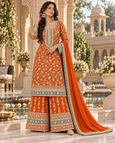 Elegant Chanderi Silk suit featuring all-over heavy embroidery and mirror work with a beautifully detailed neckline. Paired with a heavily embroidered palazzo and a gorgeous matching dupatta .Slight variation may ofcolour & design is possible