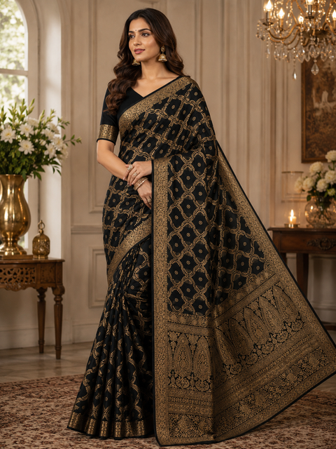 Very Soft Pure chiffon based Beautiful zari work Banarasi look Saree(Blouse Shown Is For Reference Only. The Blouse Piece Is Included With The Saree As Unstitched Fabric)(slight variation in color and design is possible )