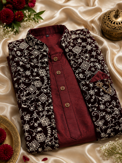 Embroidery work Velvet Jacket With Raw Silk Based Kurta & pants (slight variation in color & design is possible )