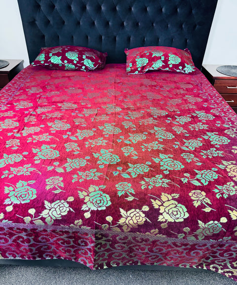 Print Velvet Zari Work Bed Sheet (275cm x 265cm)king size King Size Bedsheet With Double Pillow Cover