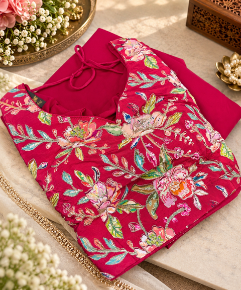 Elegant crepe Silk blouse featuring beautiful embroidery and sequin work, paired with a flowy georgette loose circular palazzo for a stylish Indo Western look. Slight variation in colour and design is possible.