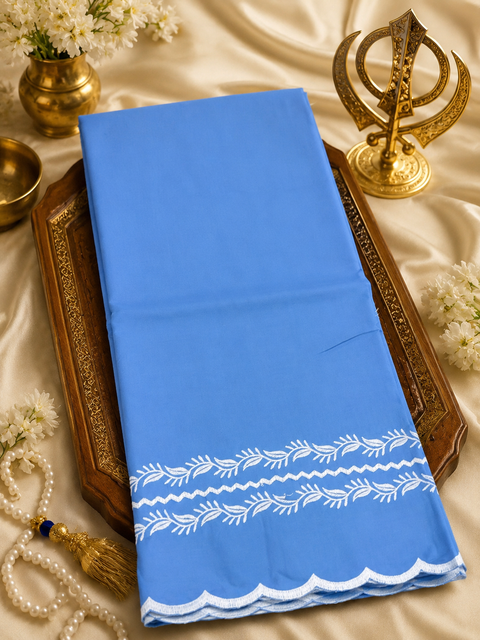 Elegant Hazoori Saropa crafted in rich light blue fabric, adorned with traditional white embroidery and a delicate scalloped border.Size (around 216cms lenth / 84 cms wide)