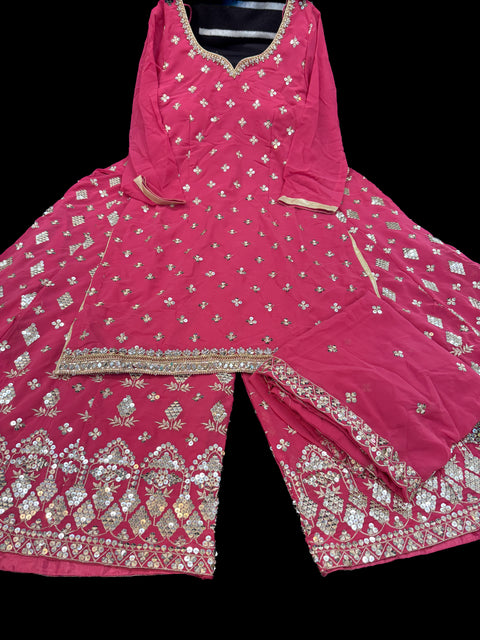 Georgette based sequined and embroidery work kameez with sharara pants and Georgette dupatta