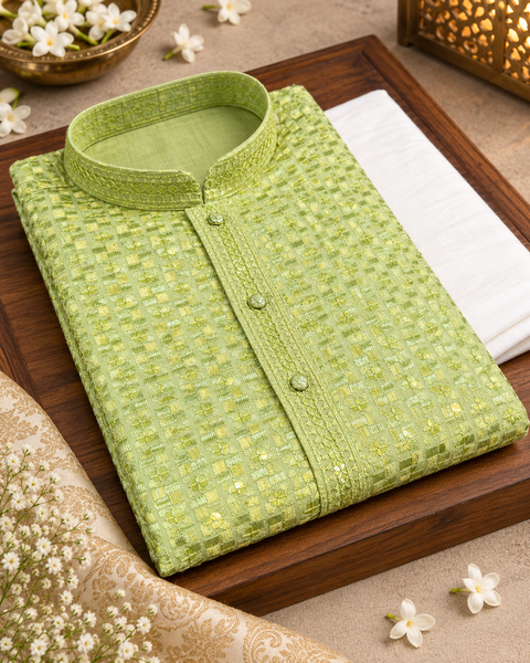 Soft Rayon based embroidery with sequined work kurta, Comes with a white pajama.Slight variation in colour and design is possible.