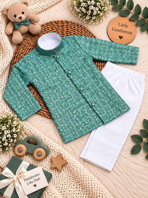 Soft Rayon chikankri sequin based Newborn Kurta Pajama Set with soft inner lining, easy front-open kurta & matching elasticated pajama for comfortable wear.Kurta L 35 cm,Chest 25 cm,Sleeve24 cm,Pajama L 33 cm.Slight variation in colour & design may occur