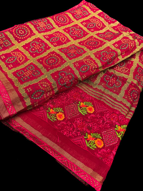 Beautiful Bandhani print work with Stones and embroidery design beautiful very soft Georgette Saree