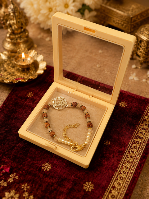 Premium Rudraksha bracelet-style Rakhi with elegant crystal and pearl detailing, beautifully packed in a luxury gift box for your beloved brother