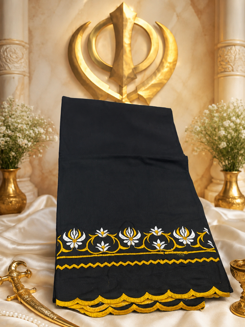 Elegant Hazoori Saropa crafted in rich black fabric, adorned with traditional white and yellow embroidery and a delicate scalloped border.Size (around 216cms lenth / 84 cms wide)