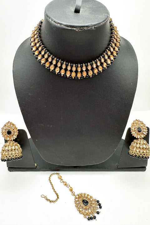 Golden stone with pearls studded simple Necklace with beautiful Jhumka & Tikka set
