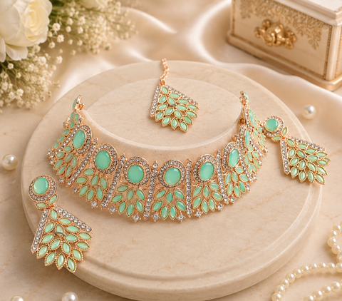 Pastel seafoam green Colour Crystal Stone With Silver Jerkan Stone Rosegold Necklace Set (slight variation in color and design is possible )