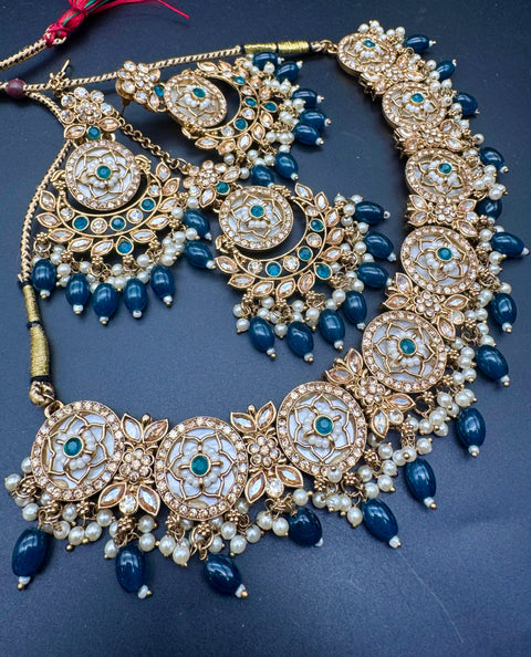Polki stone with pearls beaded work beautiful necklace with jhumka and tikka set
