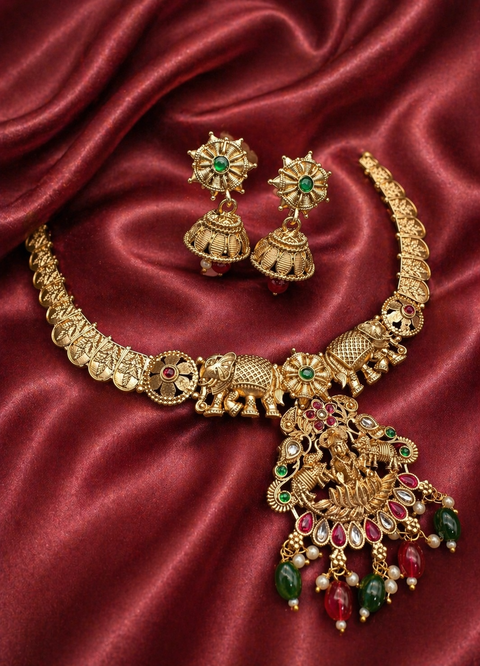 Lakshmi ji  with elephant design gold look beautiful necklace with jhumka