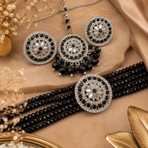 Beautiful jerkan stones and mirror work choker set with beautiful studs & Tikka