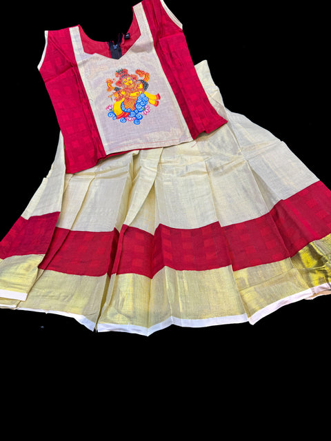 Gold Tissue based kids (Girls)Onam Special blouse and Skirt set