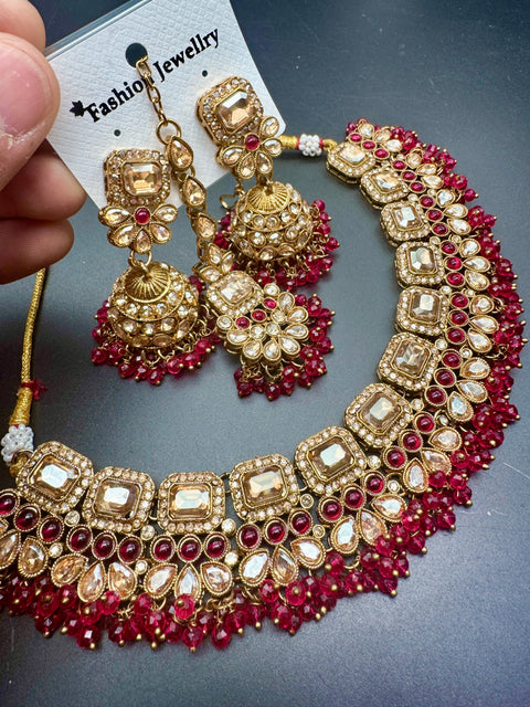 Polki stone with pearls beaded work beautiful necklace with jhumka and tikka set