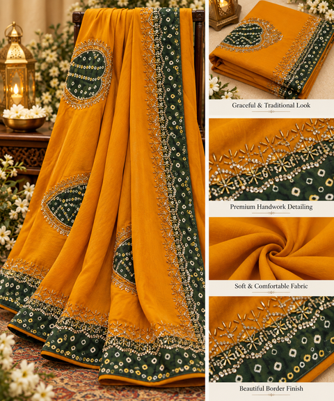 Soft Saree with a beautiful contrast bandhani-style border, elegant handwork & stone detailing throughout. Soft, comfortable & easy to drape. Attached blouse piece included; model blouse is for reference only. Slight variation in colour & design may occur