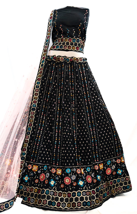 Georgette based sequins work with embroidery work Heavy Ken ken designer lehnga with embroidered blouse and netting dupatta (video clip attached for reference )