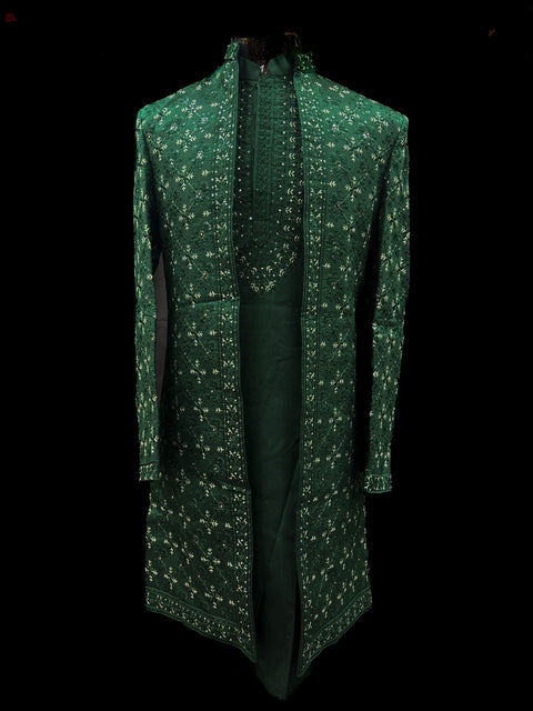 (Video clip attached)Bottle Green Raw silk based heavy embroidery work with all over sequinned work Jacket style Mens classy Indo western with (half sleeves Kurta ) and Pants