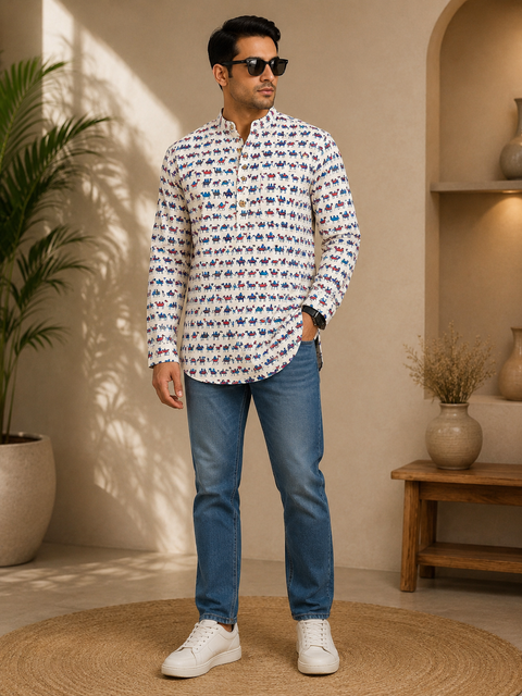 Short length Pure cotton based Men’s Printed kurti (sizes mentioned in inches ,not according to the label on Kurti) size 42 kurti- Length 28 inches and size 44 length 29 inches )