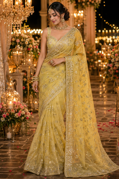Lite Yellow color Pure and very soft organza tissue based embroidery work jaal all over with stone work & gotta patti beautiful Saree. Model blouse is for reference only; blouse fabric comes with the saree. Slight color and design variations may occur