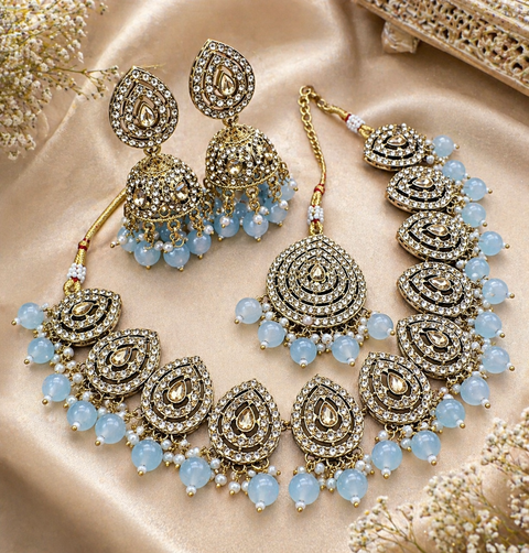 Jerkan stone with pearls beaded work beautiful necklace with jhumka and tikka set