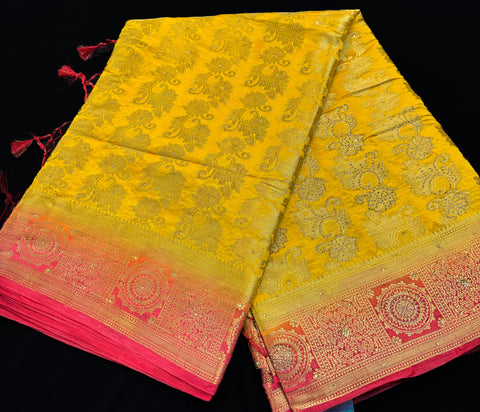 Mustard & Blue Color Beautiful Brocade Art Silk Saree With Stone Work