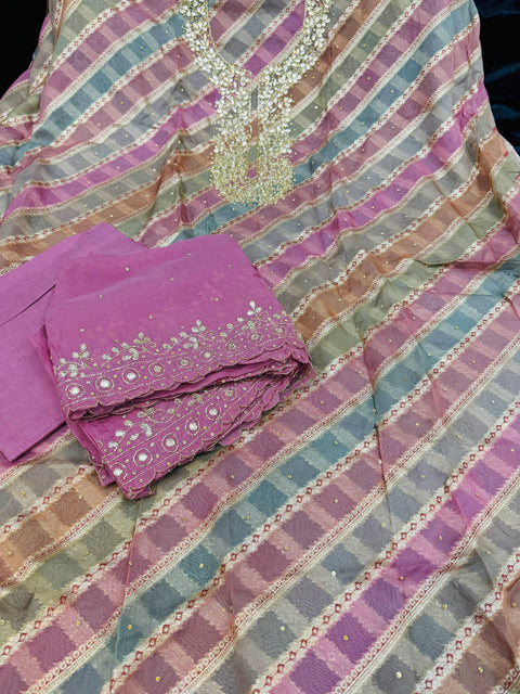 Pastel pink shades Organza silk based embroidery with handwork kameez with plain silk bottom fabric (2.75 mtrs) and chiffon silk heavy handwork dupatta