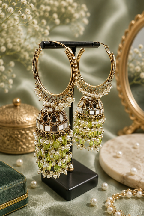 Pearls hanging with mirror work beautiful heavy work designer Jhumka Balian