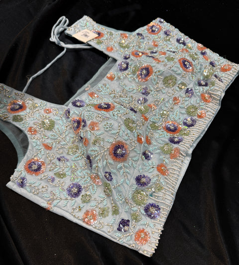 Designer handwork crop top blouse with jimmy choo soft organza floral print lehnga with netting dupatta (same skirt with 2 different design blouses )