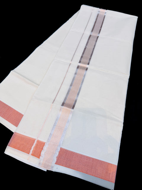 Rose gold design Woven Cotton Kerala Mundu / Dhoti in Off White ( 4 mtrs )