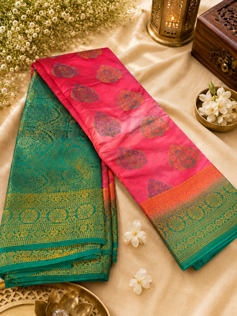 Soft Silk Saree with beautiful floral weaving ( Please note that this saree has some faded spots, as shown in the pictures. Due to this minor defect, it is being offered at a 50% discounted price)