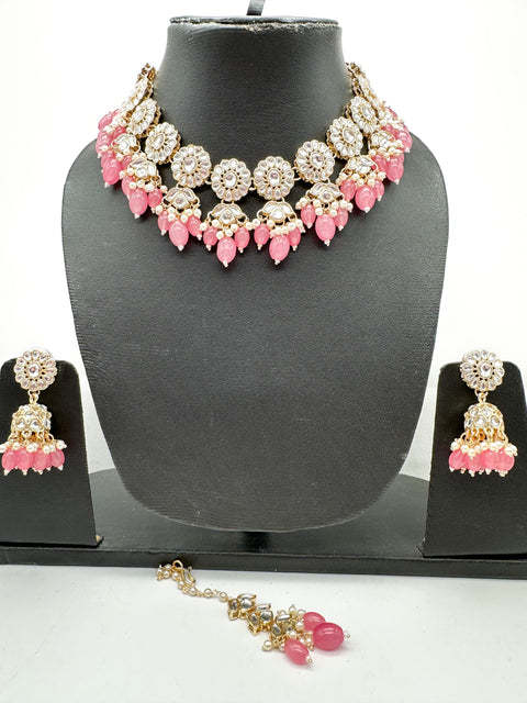 Kundan studded & pearls work designer heavy work Necklace set with beautiful Earrings & Tikka