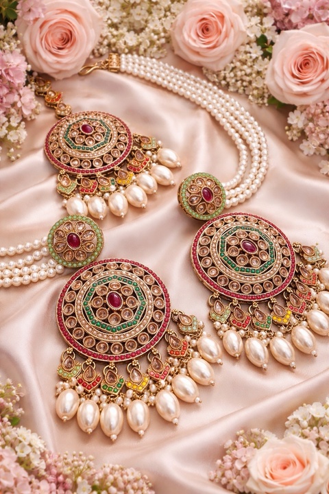 Original Polki with multicoloured beautiful pearls heavy Jhumka Earrings with Sahare and tikka (slight variance in color is possible)