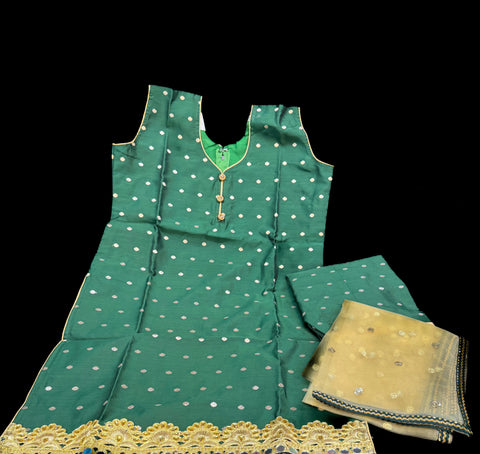 Green colour silk based embroidered design with Golden netting dupatta punjabi suit