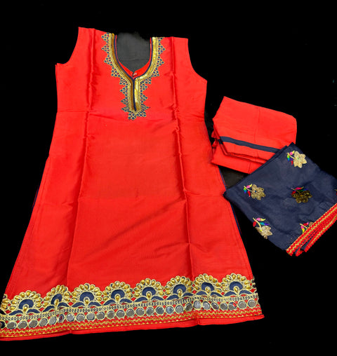 Red color silk based with Navy Blue colour kids punjabi suit