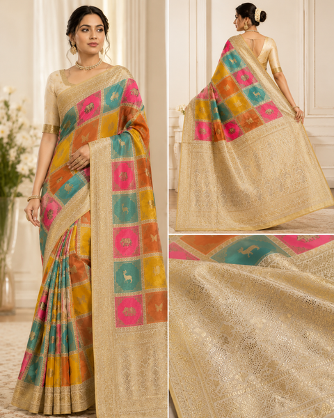 Elephant design Soft Banarasi Silk brocade saree with stone work and tessels attach on Pallu Model-Worn Blouse Is For Reference Only. Unstitched Blouse Piece Is Attached With Saree(Slight Variation In Color & Design Is Possible)