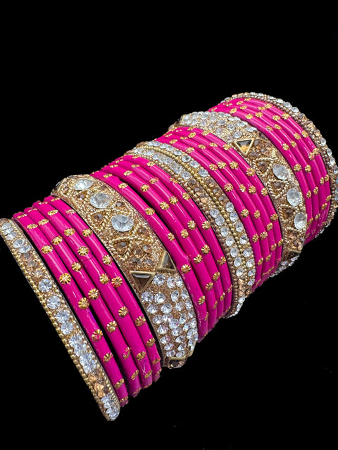 Hot Pink and Green Glass bangles with golden brass bangles set (displayed picture is for both hands set) price is for whole set displayed in picture)