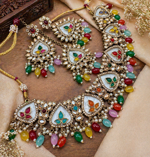 Original Polki stone with pearls beaded work beautiful necklace with earrings and tikka set