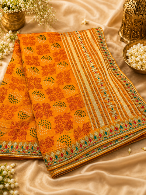 Bandhani print Beautiful Saree with embroidery and stone work border and beautiful design on Pallu(Model blouse is for reference only; blouse fabric comes with the saree. Slight color and design variations may occur