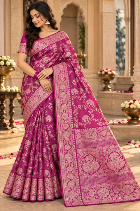 Luxuriously soft silk saree with a smooth, lightweight feel and beautifully flowy drape. Featuring rich woven zari floral motifs and an elegant detailed border .Blouse piece included. Slight variation in colour and design is possible.